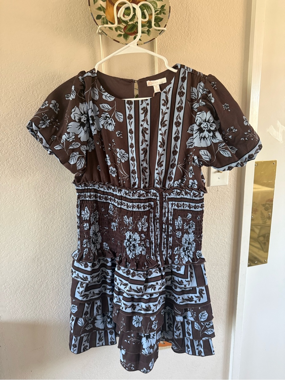 Gianni Binni - Girls Floral Smocked Mini Dress in Brown & Light Blue